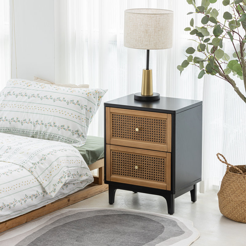 Bay Isle Home Aril 2 Drawer Woven Cane Front Accent Nightstand with Brass Knobs Reviews Wayfair